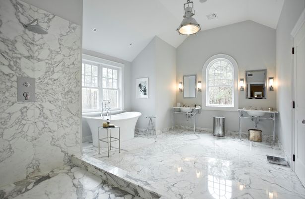 Bathroom, Dual Sink Vanities, Free Standing Baths, Interior, Marble, Marble Walls, Pendant Lights