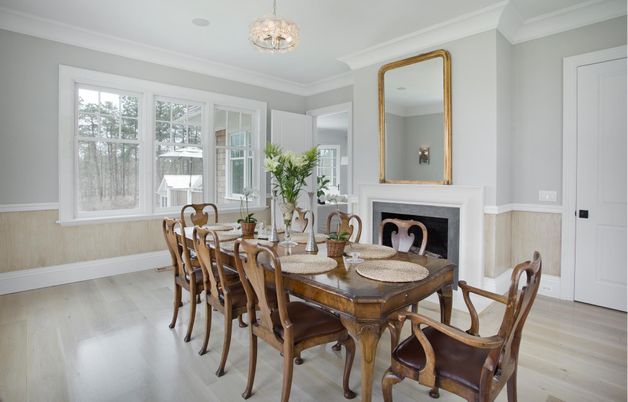 Dining room, Fireplace, Interior, Pendant Lights, Wood Texture Flooring