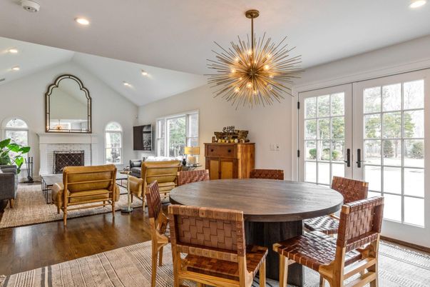 Dining room, Fireplace, Interior, Living room, Pendant Lights, Recessed Lighting, Wood Texture Flooring