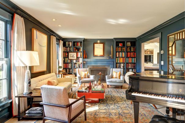Fireplace, Interior, Living room, Piano, Recessed Lighting, Wood Texture Flooring