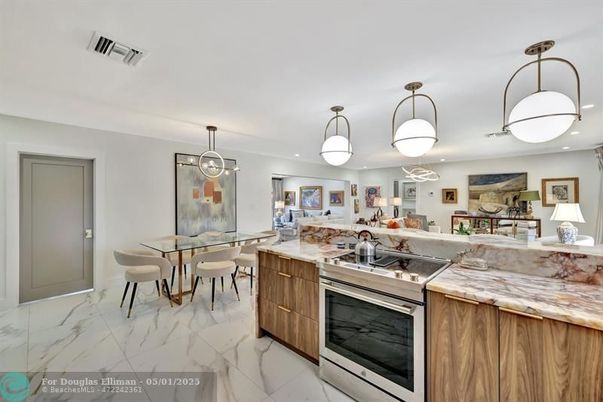 Dining room, Interior, Kitchen, Living room, Marble, Pendant Lights, Recessed Lighting