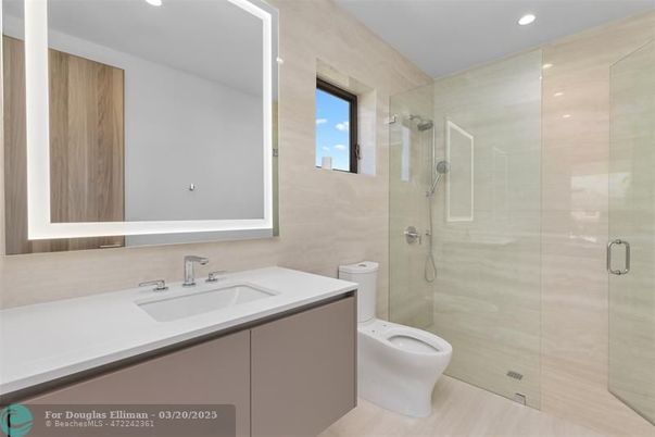 Bathroom, Glass Shower, Interior, Recessed Lighting, Wood Texture Flooring