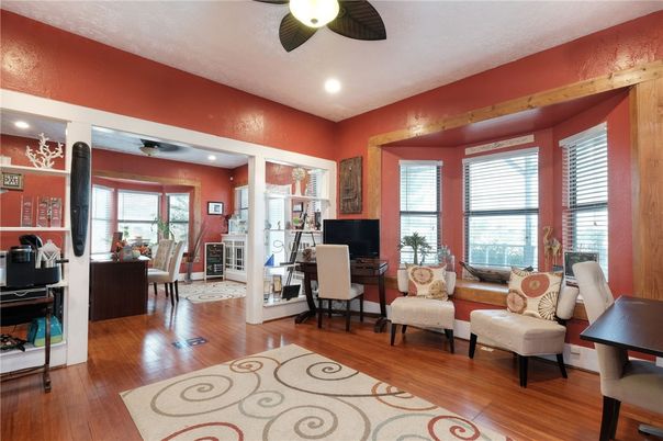 Dining room, Interior, Living room, Recessed Lighting, Wood Texture Flooring