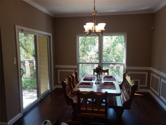 Chandelier, Dining room, Interior, Wood Texture Flooring