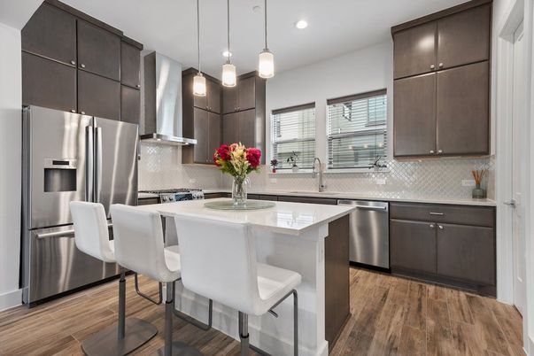 Interior, Kitchen, Pendant Lights, Recessed Lighting, Stainless Steel Appliances, Wood Texture Flooring