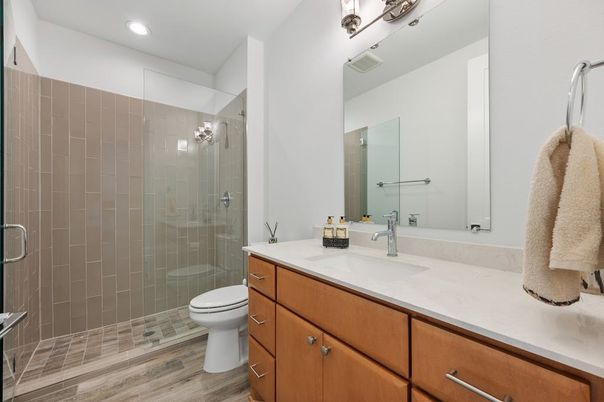 Bathroom, Glass Shower, Interior, Recessed Lighting, Wood Texture Flooring