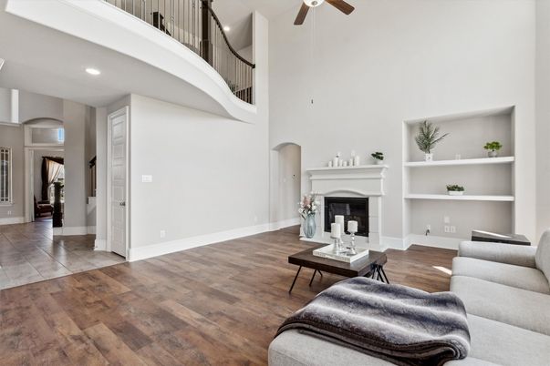 Fireplace, Interior, Living room, Recessed Lighting, Wood Texture Flooring