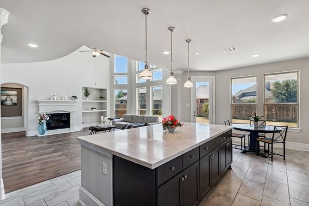 Dining room, Fireplace, Interior, Kitchen, Living room, Pendant Lights, Recessed Lighting, Wood Texture Flooring
