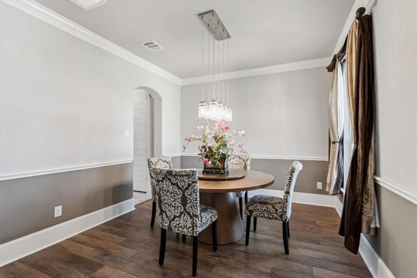 Dining room, Interior, Pendant Lights, Wood Texture Flooring