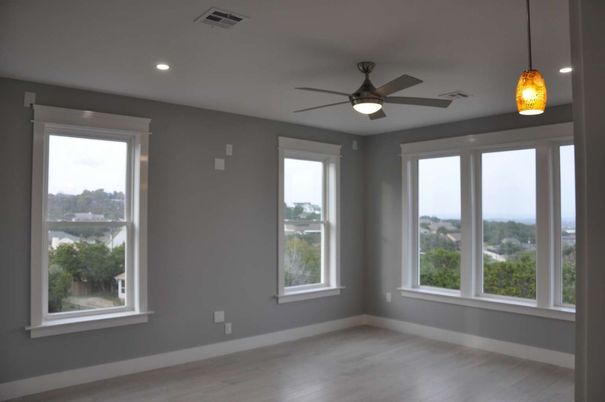 Empty room, Interior, Pendant Lights, Recessed Lighting, Wood Texture Flooring