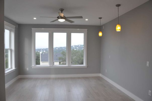 Empty room, Interior, Pendant Lights, Recessed Lighting, Wood Texture Flooring