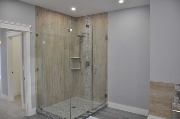 Bathroom, Glass Shower, Interior, Recessed Lighting, Wood Texture Flooring