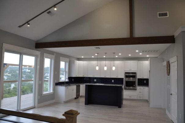 Interior, Kitchen, Pendant Lights, Recessed Lighting, Stainless Steel Appliances, Wooden Beams, Wood Texture Flooring