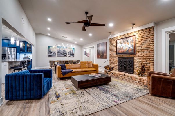 Fireplace, Interior, Kitchen, Living room, Recessed Lighting, Stone Walls, Wood Texture Flooring