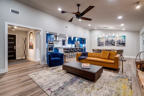 Interior, Kitchen, Living room, Recessed Lighting, Stainless Steel Appliances, Wood Texture Flooring