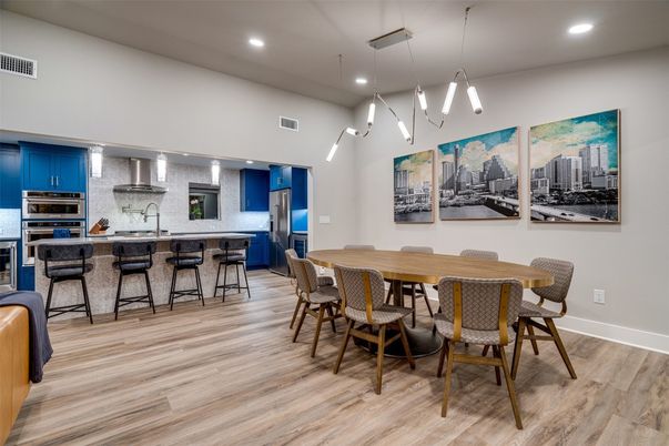 Dining room, Interior, Kitchen, Pendant Lights, Recessed Lighting, Stainless Steel Appliances, Wood Texture Flooring