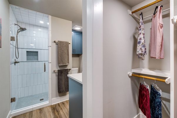 Bathroom, Glass Shower, Interior, Recessed Lighting, Wood Texture Flooring