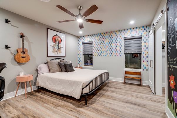 Bedroom, Interior, Recessed Lighting, Wood Texture Flooring