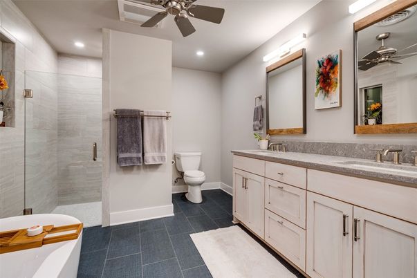 Bathroom, Dual Sink Vanities, Glass Shower, Interior, Recessed Lighting