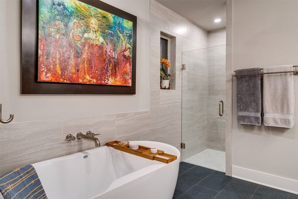 Bathroom, Free Standing Baths, Glass Shower, Interior, Recessed Lighting