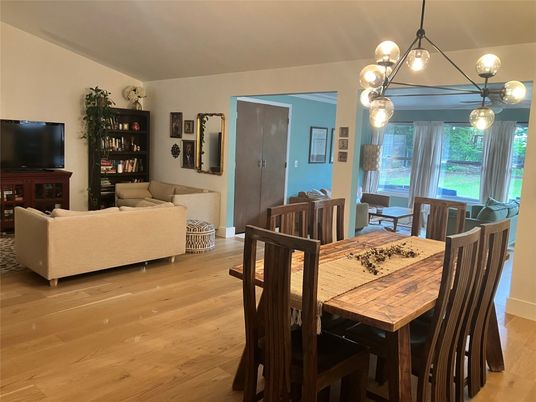 Dining room, Interior, Living room, Pendant Lights, Wood Texture Flooring