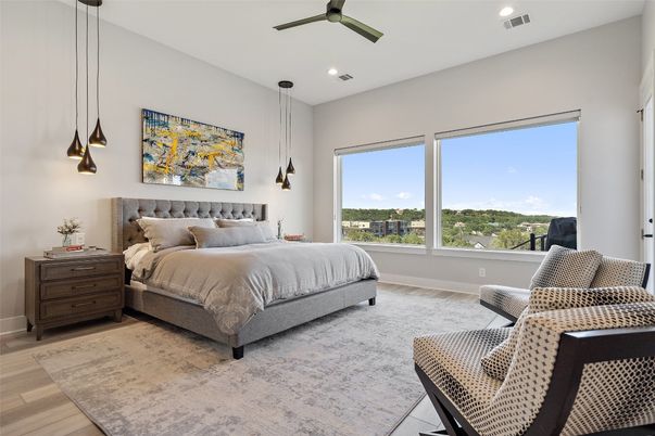 Bedroom, Interior, Pendant Lights, Recessed Lighting, Wood Texture Flooring