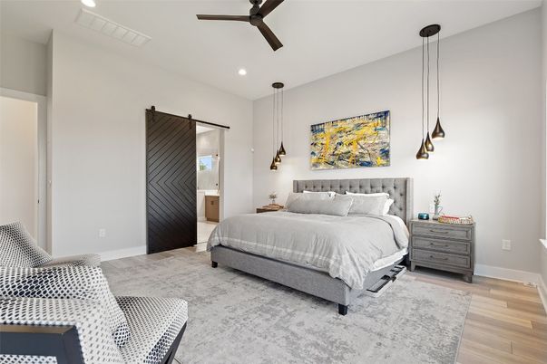 Bedroom, Interior, Pendant Lights, Recessed Lighting, Wood Texture Flooring