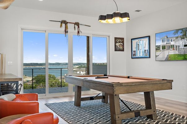 Billiard Table, Game Room, Interior, Pendant Lights, Water, Wood Texture Flooring