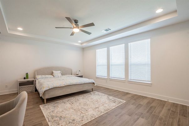 Bedroom, Interior, Recessed Lighting, Wood Texture Flooring