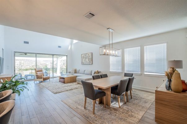 Dining room, Interior, Living room, Pendant Lights, Wood Texture Flooring
