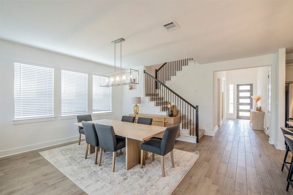 Dining room, Interior, Pendant Lights, Wood Texture Flooring