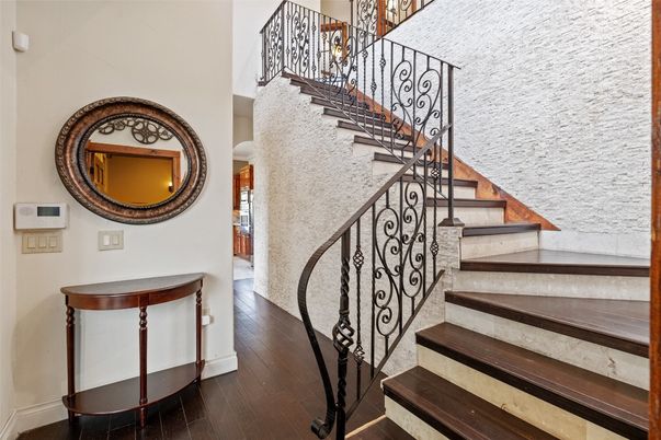 Fireplace, Interior, Recessed Lighting, Stone Walls, Wood Texture Flooring