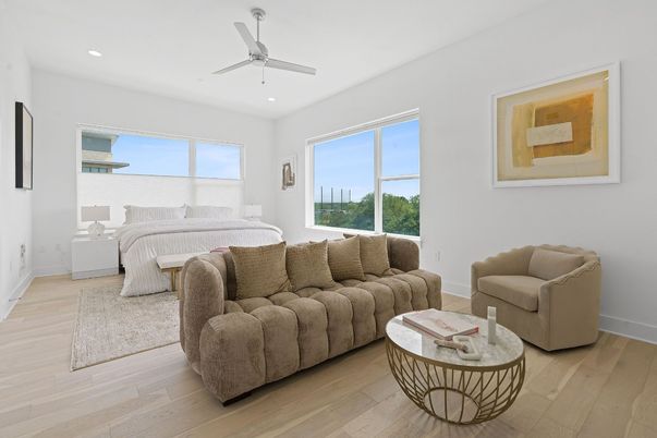 Bedroom, Interior, Living room, Recessed Lighting, Wood Texture Flooring