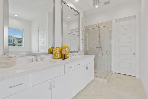 Bathroom, Dual Sink Vanities, Glass Shower, Interior, Marble, Recessed Lighting