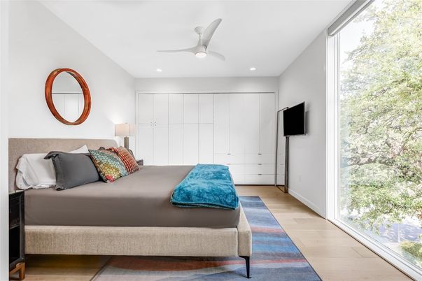 Bedroom, Interior, Recessed Lighting, Wood Texture Flooring