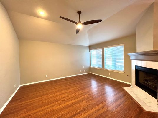 Empty room, Fireplace, Interior, Recessed Lighting, Wood Texture Flooring