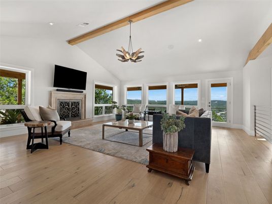 Fireplace, Interior, Living room, Pendant Lights, Recessed Lighting, Wooden Beams, Wood Texture Flooring
