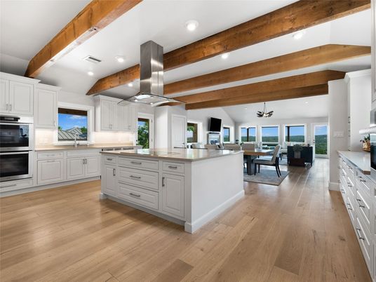 Dining room, Interior, Kitchen, Living room, Pendant Lights, Recessed Lighting, Stainless Steel Appliances, Wooden Beams, Wood Texture Flooring