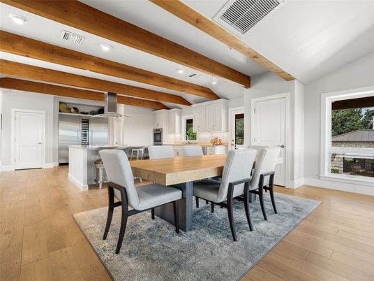 Dining room, Interior, Kitchen, Recessed Lighting, Stainless Steel Appliances, Wooden Beams, Wood Texture Flooring