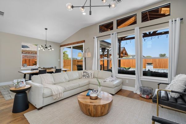 Dining room, Interior, Living room, Pendant Lights, Wood Texture Flooring