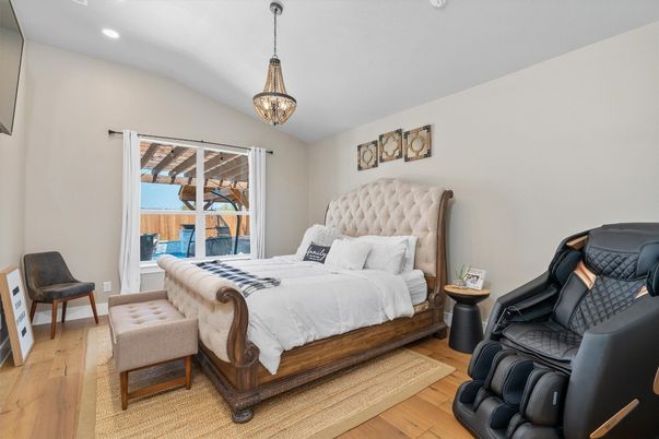 Bedroom, Interior, Pendant Lights, Recessed Lighting, Wood Texture Flooring