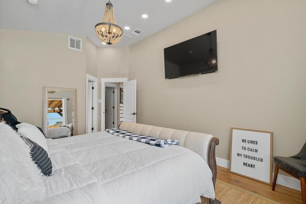Bedroom, Chandelier, Interior, Recessed Lighting, Wood Texture Flooring