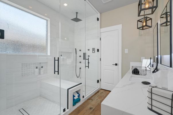 Bathroom, Glass Shower, Interior, Recessed Lighting, Wood Texture Flooring