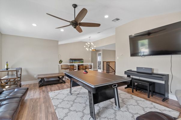 Billiard Table, Game Room, Interior, Pendant Lights, Piano, Recessed Lighting, Wood Texture Flooring