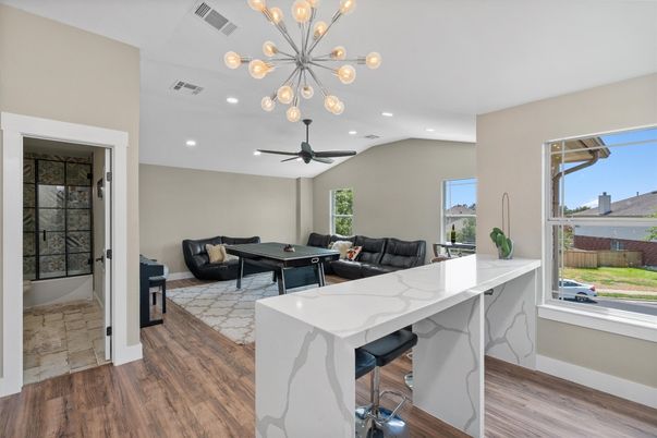 Interior, Living room, Pendant Lights, Recessed Lighting, Wood Texture Flooring