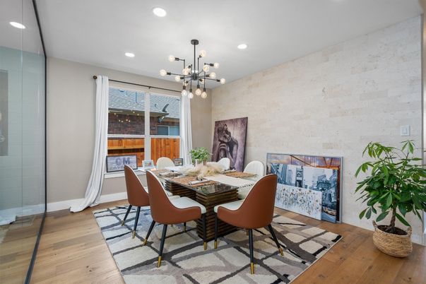 Dining room, Interior, Pendant Lights, Recessed Lighting, Wood Texture Flooring
