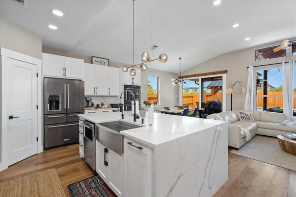 Dining room, Interior, Kitchen, Living room, Pendant Lights, Recessed Lighting, Stainless Steel Appliances, Wood Texture Flooring