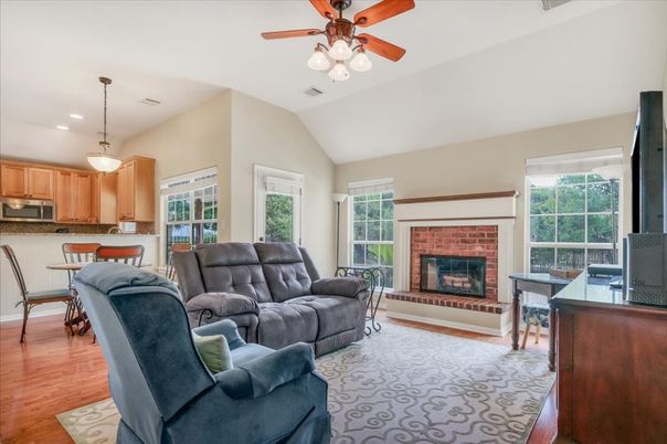 Dining room, Fireplace, Interior, Kitchen, Living room, Pendant Lights, Recessed Lighting, Wood Texture Flooring