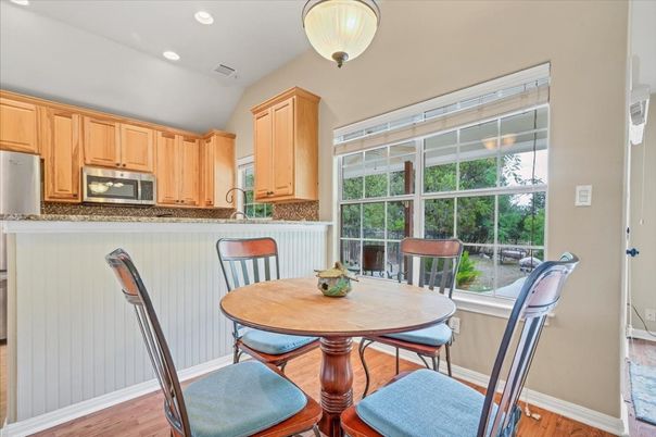 Dining room, Interior, Kitchen, Recessed Lighting, Wood Texture Flooring