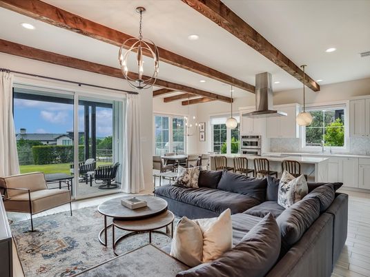 Dining room, Interior, Kitchen, Living room, Pendant Lights, Recessed Lighting, Stainless Steel Appliances, Wooden Beams, Wood Texture Flooring